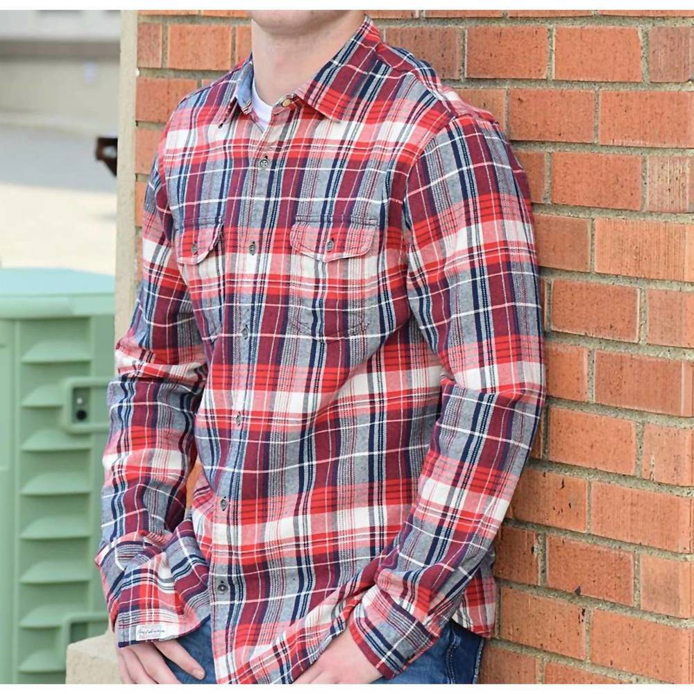 NEW FLAGS & ANTHEM plaid cuff long sleeve top in red/navy